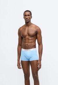 Blå bomuldsboxershorts med en hvid elastisk linning med en rød logo. Pasformen er tæt og fremhæver bærerens fysik.