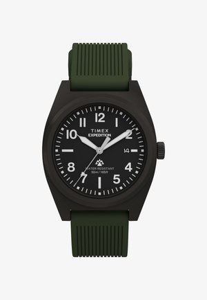 Timex Expedition -kello mustalla kellotaululla, valkoisilla numeroilla, vihreällä uritetulla hihnalla ja 50 metrin vesitiiviydellä, kellonaika 10:09:35.