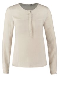 Blusa beige a maniche lunghe con scollatura tonda e una patta centrale con bottoni. Tessuto morbido e leggero con una vestibilità leggermente ampia.