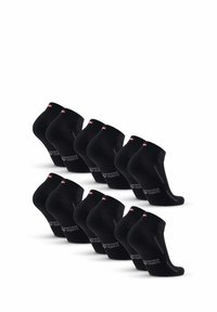 Zestaw czarnych skarpetek za kostkę z prążkowanym mankietem i logo. Materiał gładki, jednokolorowy, o krótkim fasonie.