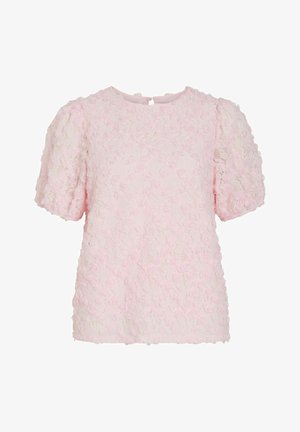 Šviesiai rožinė trumpomis rankovėmis palaidinė su tekstūruotu 3D gėlių nėrinių raštu, apvaliu iškirpimu ir užsegimu nugaroje su sagomis.