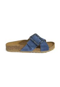 Sandale à enfiler en daim bleu avec une large sangle et une boucle rectangulaire. La semelle en liège présente un motif texturé pour une meilleure adhérence.
