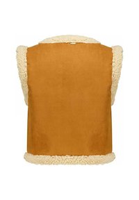 Gilet en daim tan avec une bordure en shearling crème le long de l'encolure et de l'ourlet. Texture lisse avec un design simple et sans manches.