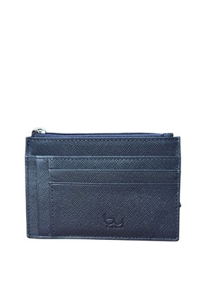 Porta carte blu navy testurizzato con quattro scomparti per carte, un comparto con cerniera e un piccolo logo in rilievo sulla parte anteriore.