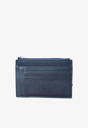Porta carte blu navy testurizzato con quattro scomparti per carte, un comparto con cerniera e un piccolo logo in rilievo sulla parte anteriore.