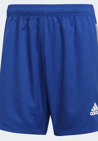 Modré atletické šortky s elastickým pasem, strukturovaná látka a bílé logo Adidas vpravo dole. Jednoduchý, volný střih.