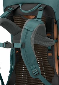 Teal en zwarte rugzak met een ademend mesh achterpaneel, gevoerde straps en verstelbare gespen voor comfort en ondersteuning.