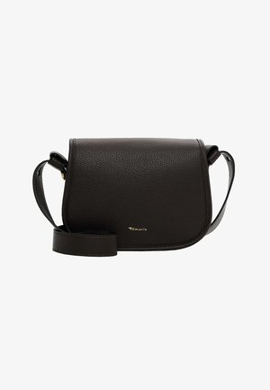 Borsa a tracolla nera in pelle con finitura testurizzata, forma curva e logo dorato. Tracolla regolabile e chiusura a pattina per maggior comodità.