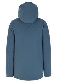 Blaue isolierte Jacke mit Kapuze, aus glattem, wasserabweisendem Material. Verfügt über einen hohen Kragen und dezente Markenkennzeichnung auf der Rückseite.