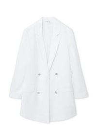 Biała marynarka dwurzędowa z metalowymi detalami w kolorze srebrnym, z klapami w kształcie notcha i dwoma przednimi kieszeniami. Wykonana z gładkiego materiału, charakteryzująca się wyraźnie zarysowaną sylwetką.