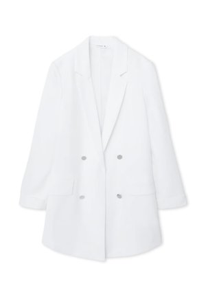 Blazer bianco doppiopetto con hardware argentato, revers a scialle e due tasche frontali. Realizzato in un tessuto liscio, presenta una silhouette strutturata.