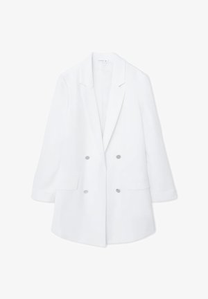 Blazer bianco doppiopetto con hardware argentato, revers a scialle e due tasche frontali. Realizzato in un tessuto liscio, presenta una silhouette strutturata.