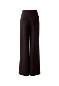 Schwarze weite Hosen mit hoher Taille, aus glattem Stoff und zwei Gesäßtaschen, die ein sauberes, tailliertes Design ohne sichtbare Verschlüsse aufweisen.