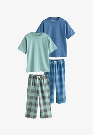 Two sets of short-sleeve solid color tops with matching checkered drawstring pants in blue and green tones, styled for nightwear.