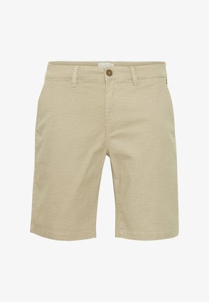 Beige shorts with a textured fabric, featuring a zipper fly and a single brown button. Straight cut with side pockets.