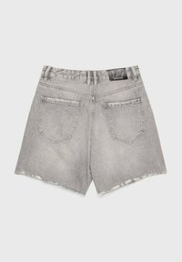 Gray denim shorts featuring a frayed hem, two back pockets, and a brand label on the waistband. Classic five-pocket design.