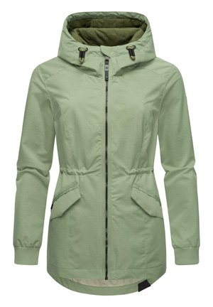 Light green jacket with a hood, drawstring, zip closure, and two front pockets. Features elastic cuffs and a slightly curved hem.