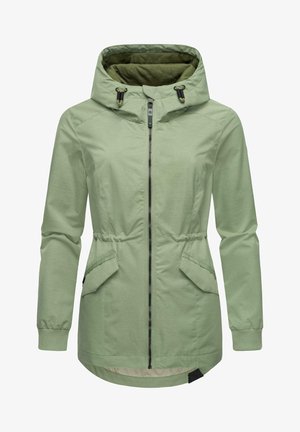 Light green jacket with a hood, drawstring, zip closure, and two front pockets. Features elastic cuffs and a slightly curved hem.
