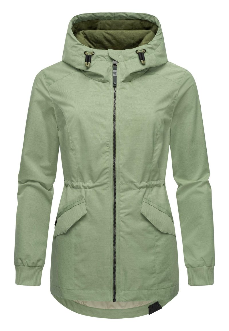 Light green jacket with a hood, drawstring, zip closure, and two front pockets. Features elastic cuffs and a slightly curved hem.