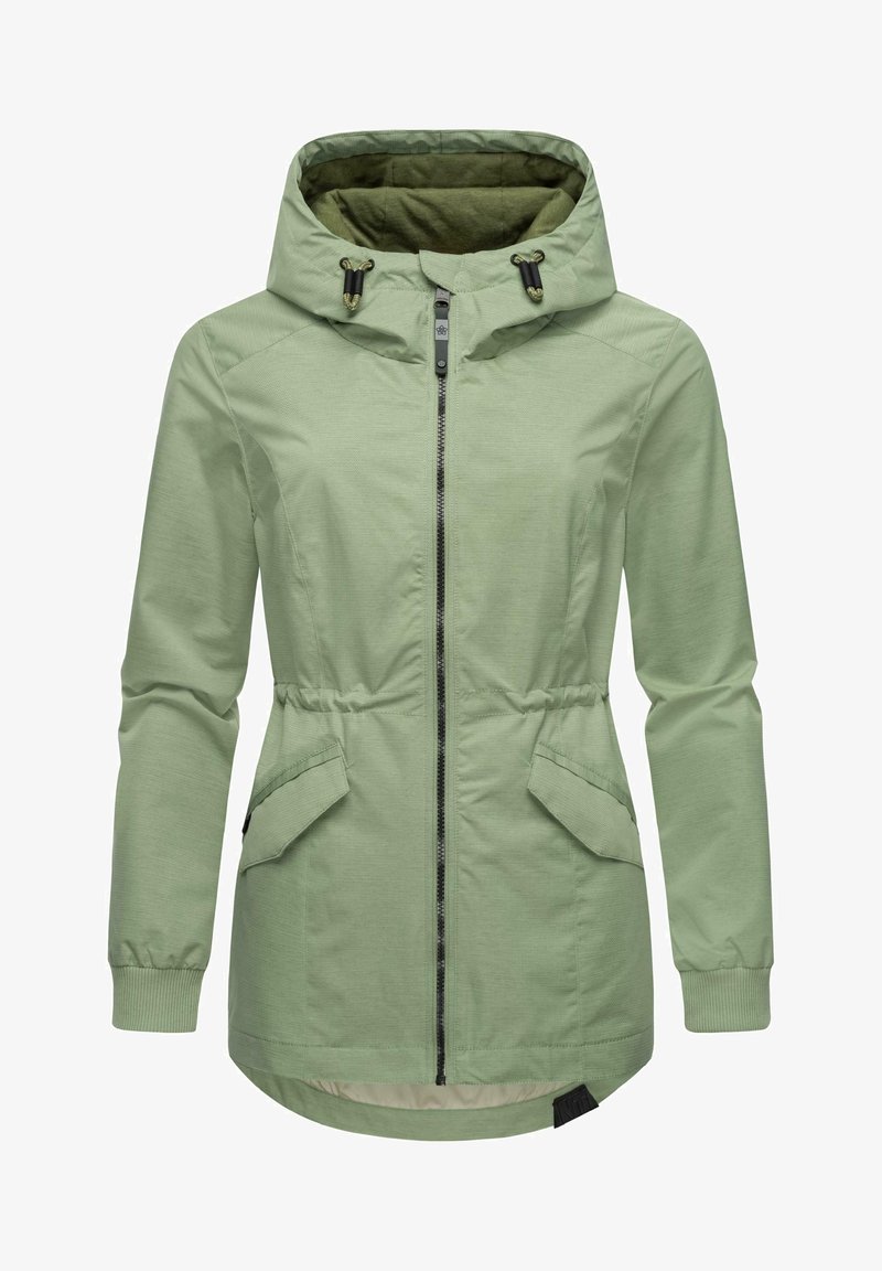 Svetlo zelena jakna s kapuco, vrvico, zadrgo in dvema sprednjima žepoma. Ima elastične manšete in rahlo ukrivljen rob.