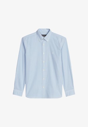 Light blue men's long-sleeve button-down shirt with thin white vertical stripes and a small embroidered logo on the chest.