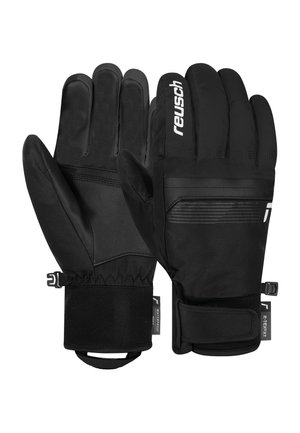Black waterproof gloves with a textured finish, featuring a Velcro strap and elasticized cuff for secure fit. Logo printed on the back.
