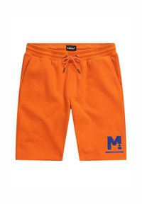 Oranžové bavlněné šortky s elastickým pasem, šňůrkou, bočními kapsami a modrou vyšitou logem na levé noze.