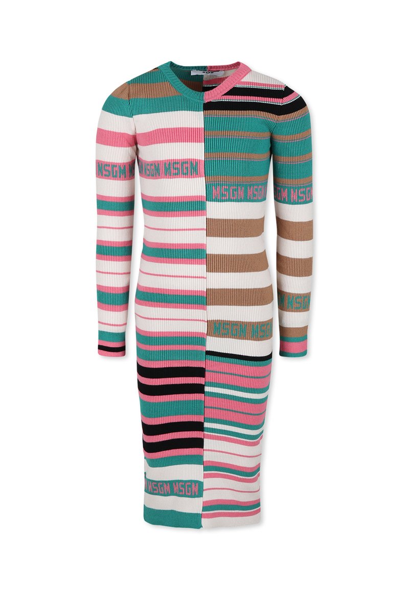 Abito midi a costine con maniche lunghe, caratterizzato da strisce orizzontali multicolori in rosa, verde acqua, nero e marrone, con accenti del logo.