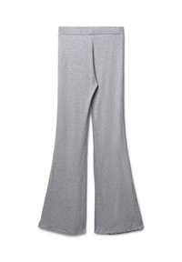 Pantaloni a coste grigi chiari con gamba larga svasata e vita elasticizzata, mostrati distesi su uno sfondo bianco.
