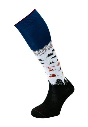 Calzino fino al ginocchio con paesaggio montano, sciovie, alberi innevati e baite, con polsino blu navy e area del piede nera.