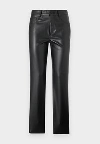 Pantalon droit en simili cuir noir avec bouton devant, fermeture éclair et poches latérales, présenté sur fond blanc.
