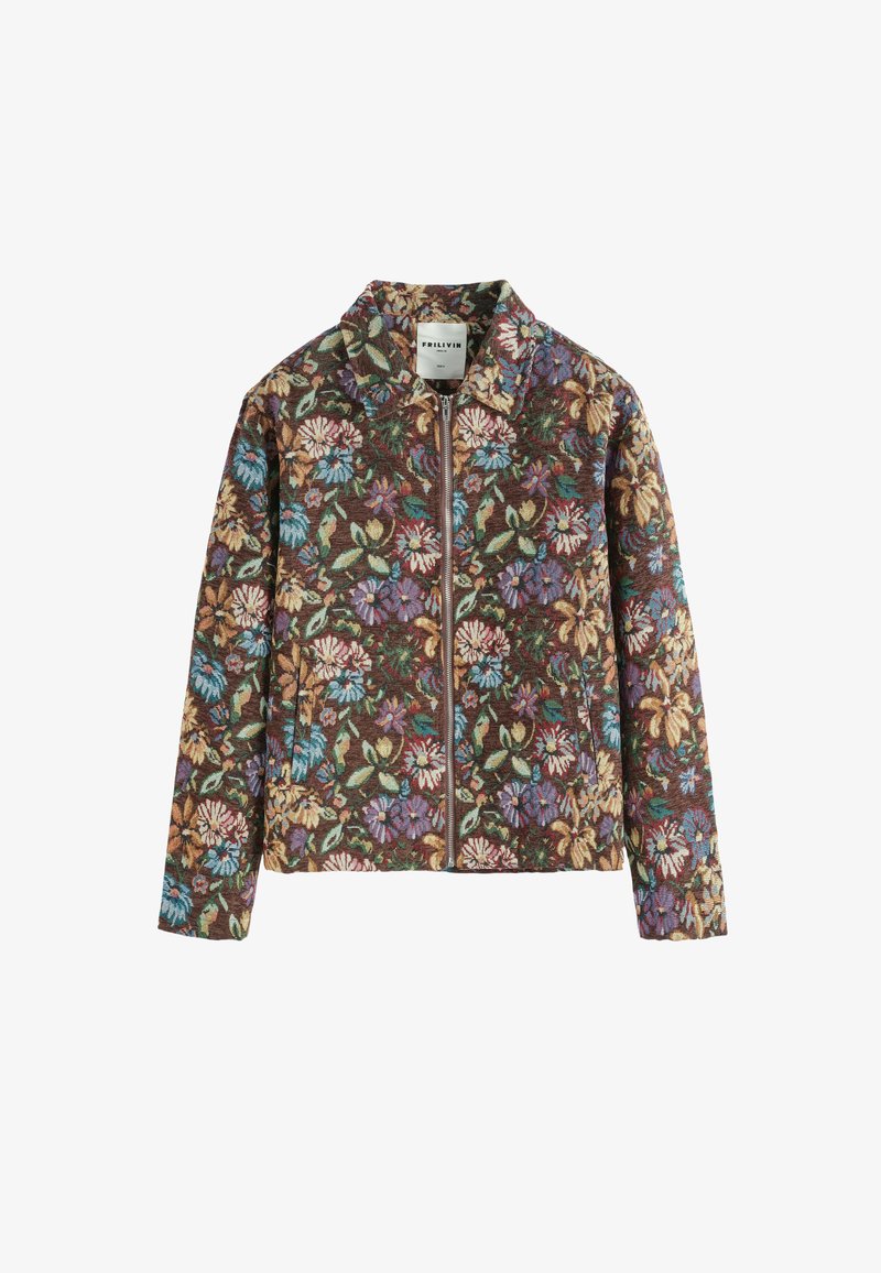 Veste zippée marron avec un motif floral multicolore comportant des feuilles vertes, des fleurs violettes, bleues, blanches et jaunes, et un col évasé.