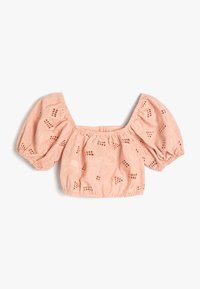 Rosa kurzes Oberteil mit Puffärmeln, aus strukturiertem Stoff gefertigt. Verfügt über bestickte Muster sowie einen elastischen Halsausschnitt und Saum.