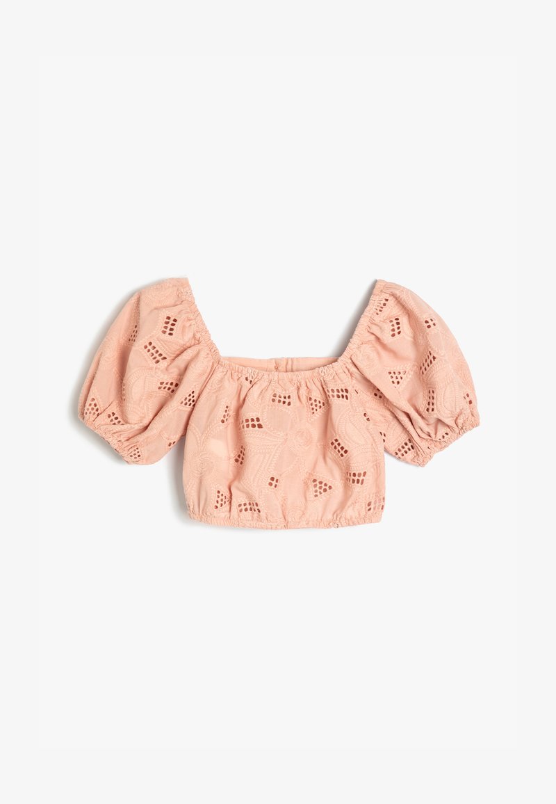 Rosa kurzes Oberteil mit Puffärmeln, aus strukturiertem Stoff gefertigt. Verfügt über bestickte Muster sowie einen elastischen Halsausschnitt und Saum.