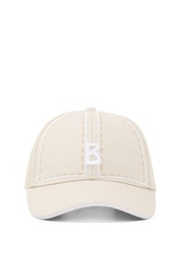 Beige Baseballcap mit weißer Naht und einem Frontlogo. Verfügt über einen gebogenen Schirm und einen verstellbaren Riemen auf der Rückseite. Hergestellt aus Stoff.