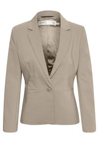 Beige přizpůsobený blazer s klopou, jednoduchým zapínáním na jeden knoflík a hladkým povrchem. Obsahuje saténovou vnitřní podšívku pro exkluzivní vzhled.