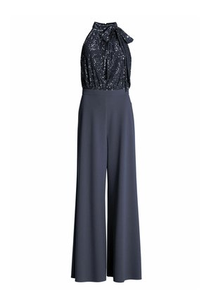 Tuta blu navy con top halter con paillettes caratterizzato da un fiocco al collo e pantaloni a gamba larga tinta unita.