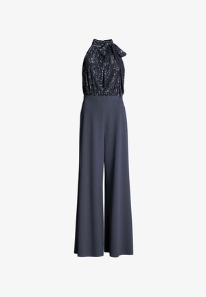 Tuta blu navy con top halter con paillettes caratterizzato da un fiocco al collo e pantaloni a gamba larga tinta unita.