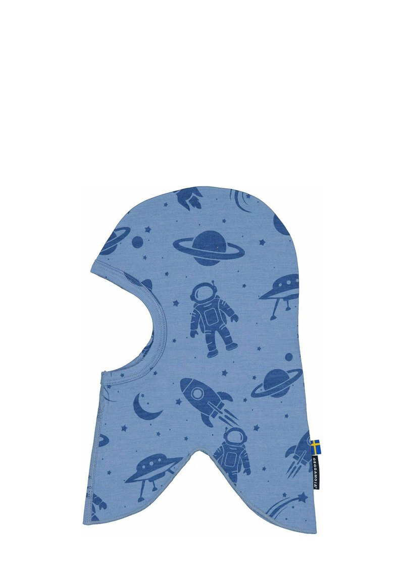 Blå bomuldsbalaclava med mønstre af astronauter og rumskibe. Den har en rund form med en udsparing til ansigtet, designet til at give varme.