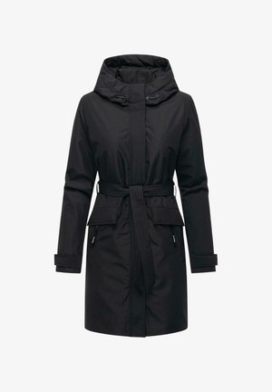 Schwarzer Mid-Length-Wintermantel für Frauen mit Kapuze, tailliertem Gürtel, Klappentaschen und seitlichen Reißverschlusstaschen, entwickelt für kaltes Wetter.