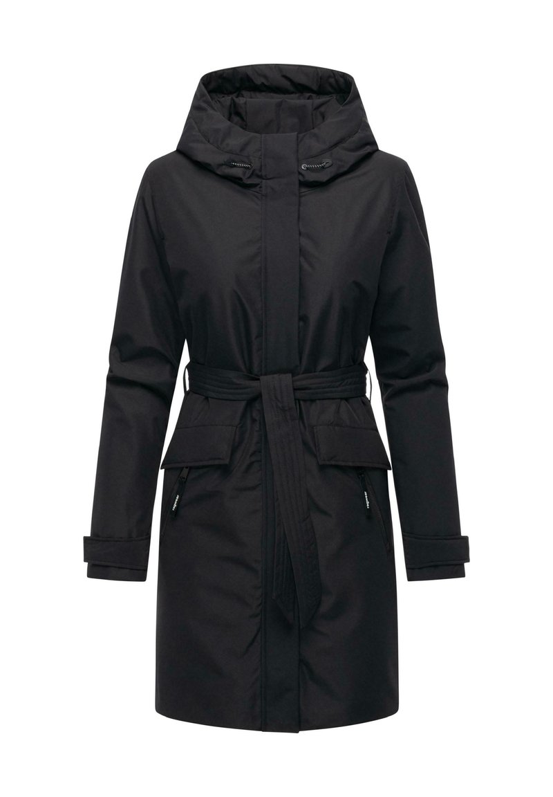 Capotto invernale di lunghezza media per donne nere, con cappuccio, vita cinturata, tasche a patta e tasche laterali con zip, progettato per il freddo.