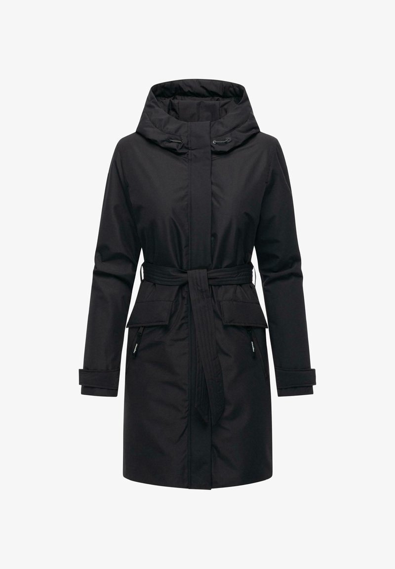 Capotto invernale di lunghezza media per donne nere, con cappuccio, vita cinturata, tasche a patta e tasche laterali con zip, progettato per il freddo.