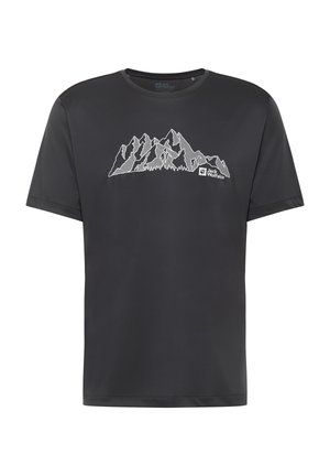 Zwarte t-shirt met korte mouwen van gladde stof, voorzien van een grafische afbeelding van een bergketen in het wit op de voorkant, met een logo rechtsonder.