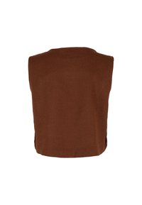 Brązowa bezrękawnik o teksturowanej, tkaninowej strukturze. Posiada okrągły dekolt i prosty dół. Minimalistyczny design bez widocznych zapięć.