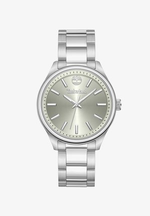 Strieborné nerezové hodinky s brúseným strieborným ciferníkom, minimalistickými indexmi hodín a logom Timberland na pozícii 12.