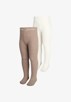 Zwei Paare Kinderstrumpfhosen: eine in sanftem Beige, die andere in Off-White. Beide sind gerippt und verfügen über einen elastischen Bund.