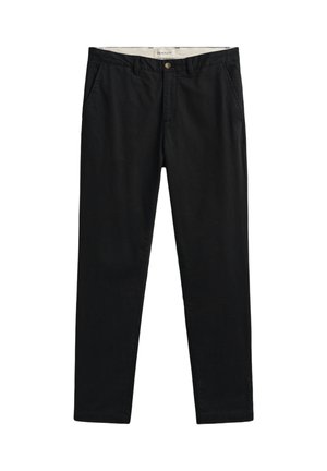 Zwarte rechte broek met knoop- en ritssluiting, riemlussen en zijzakken, plat gelegd op een witte achtergrond.