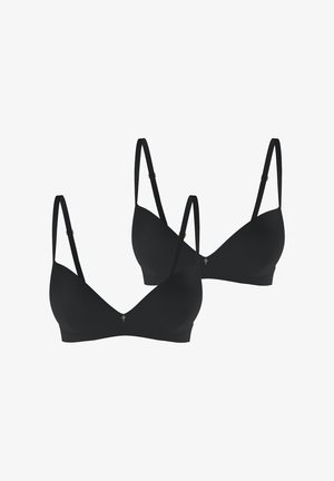 Twee zwarte, naadloze beha's met verstelbare bandjes, voorzien van een gladde stofafwerking en een klein decoratief embleem in het midden.