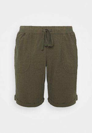 Olivegrønne shorts lavet af blødt stof, med elastisk talje og snøre, sidelommer og oprullede kanter.