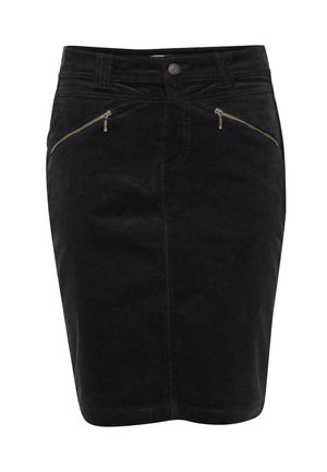 Falda de pana negra con una silueta ajustada, que presenta dos bolsillos frontales con cremallera y costuras tonales. Textura suave y corte a la altura de la rodilla.